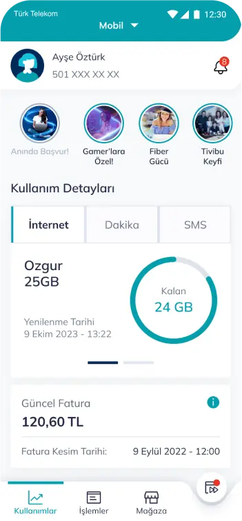 Türk Telekom mobilin bir cep telefonundan ekran görüntüsü