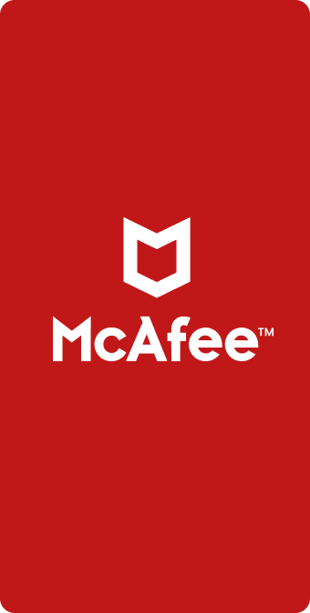 Kırmızı arka plan üzerinde beyaz renkli McAfee logosu