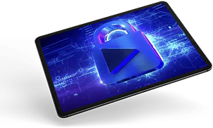 Ekranında mavi üçgen bulunan bir tablet bilgisayar