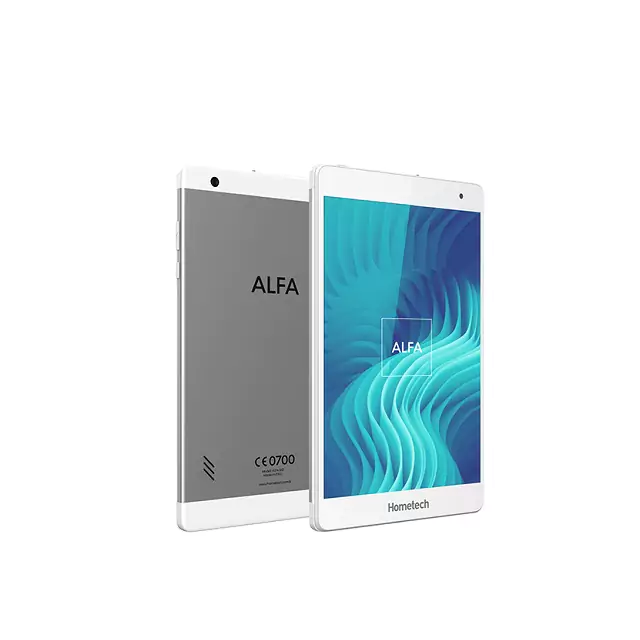 Ekranında mavi renkte desenleri olan Hometech Alfa 8ST model bir tablet bilgisayarın görüntüsü