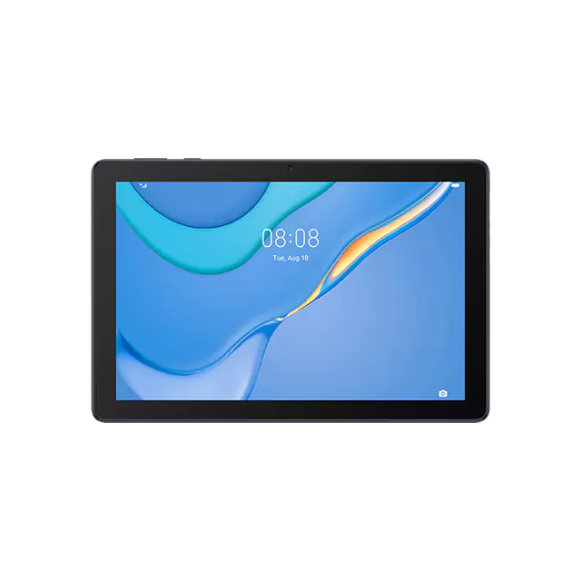 Ekranında mavi renkte desenleri olan Huawei MatePad T10s model bir tablet bilgisayarın görüntüsü